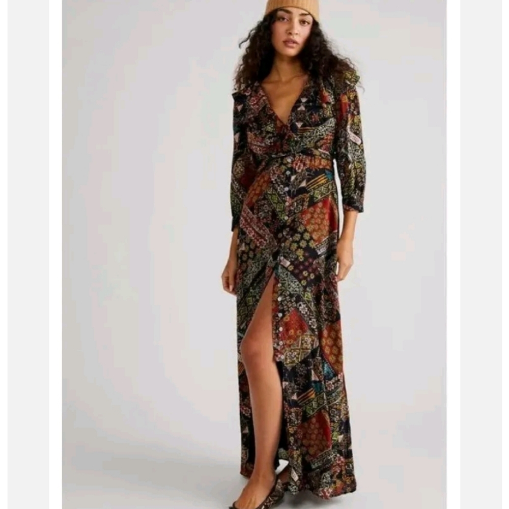 Free People Patchwork Maxi Dress in Black, Rust, Olive & Cream